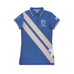 Customized royal blue women's short-sleeved Polo shirt with contrasting striped patch, championship game star patch, five-button chest P1554 Customized royal blue women's short-sleeved Polo shirt with contrasting striped patch, championship game star patch, five-button chest P1554